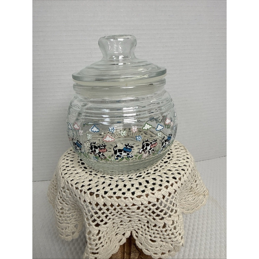 KIG Indonesia Vintage Glass Candy Jar Cannister Apothecary Lid Happy Cows. 5X5"